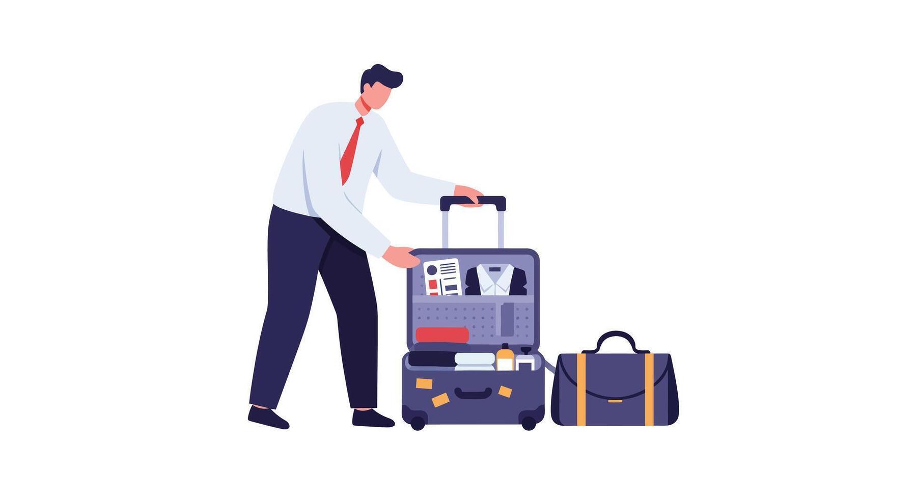 Man packing suitcase with travel essentials in flat illustration vector