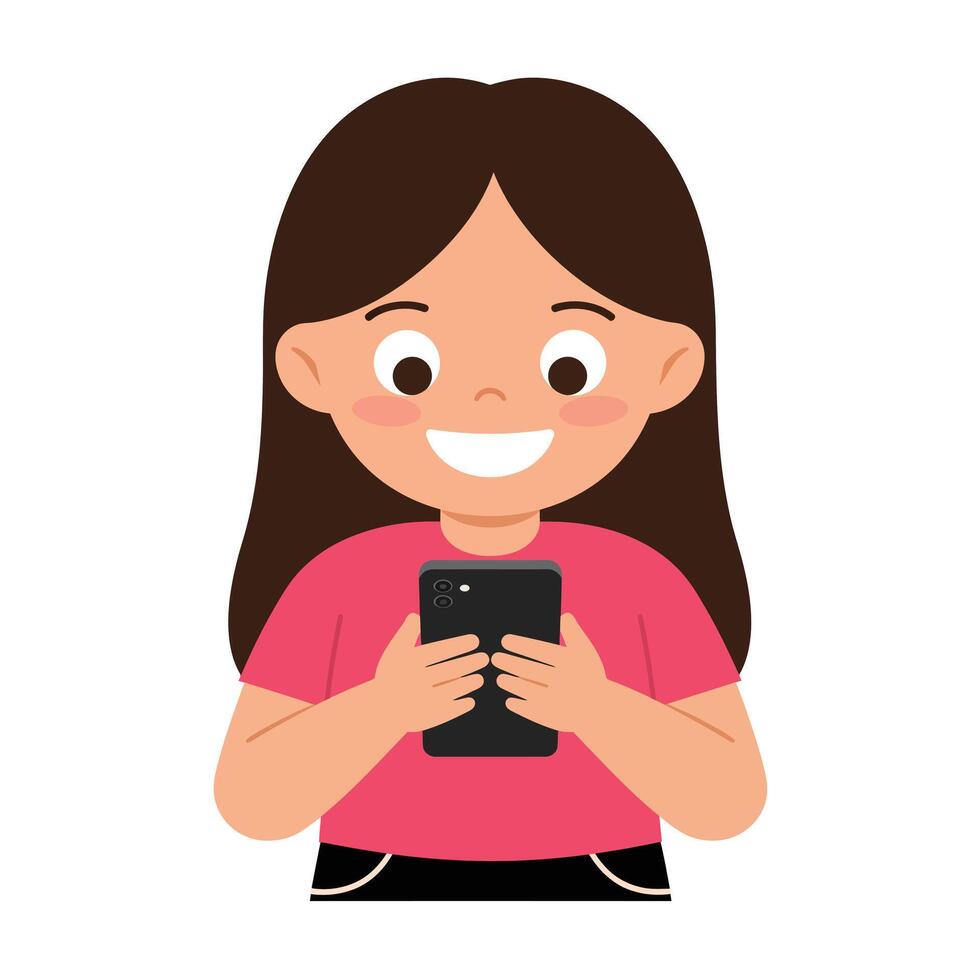 Happy girl using smartphone in flat design illustration vector