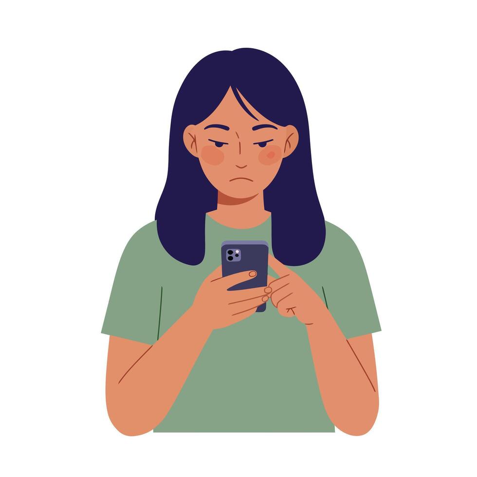 Person holding smartphone with neutral expression in flat art style vector