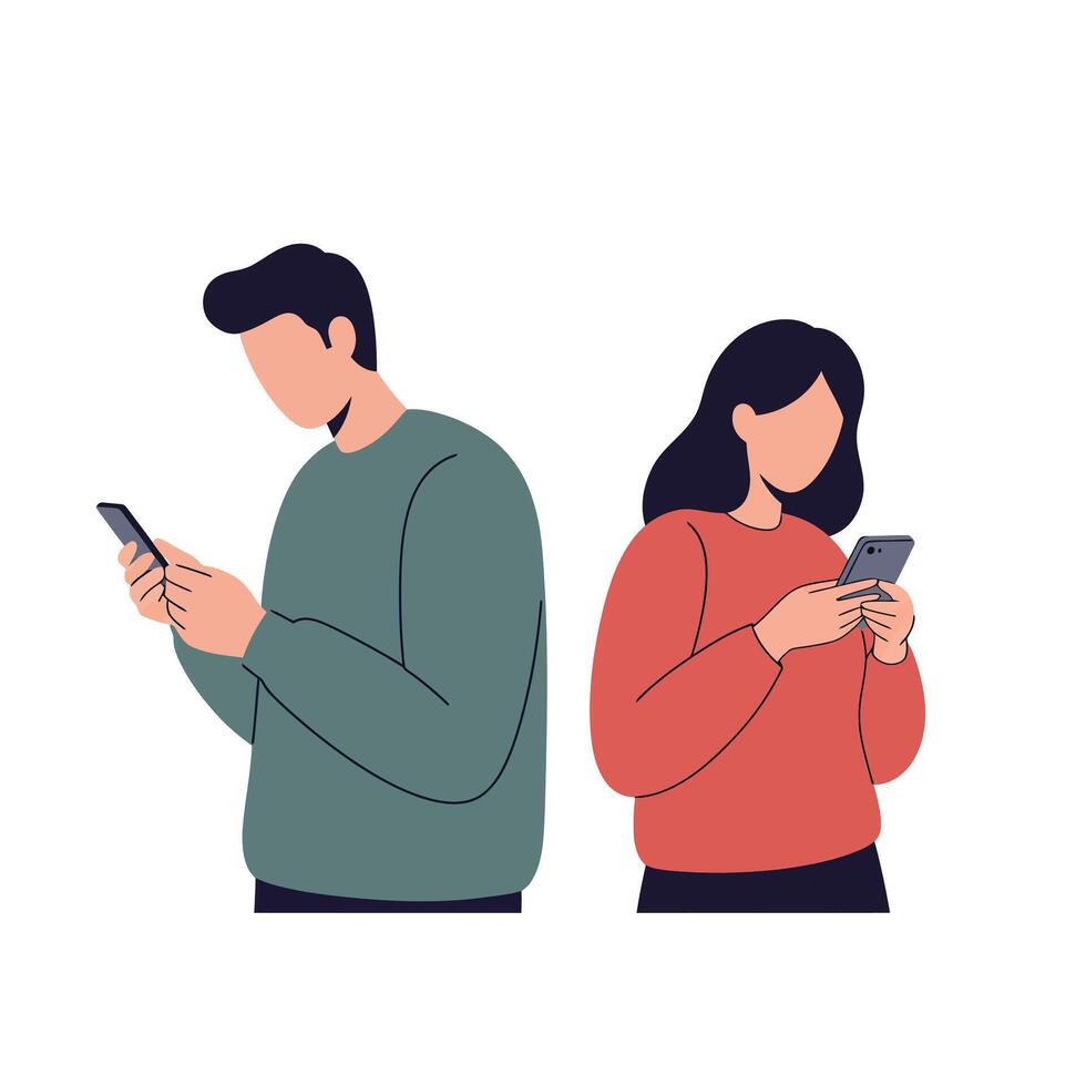 Engaged couple using smartphones in flat minimal art illustration vector
