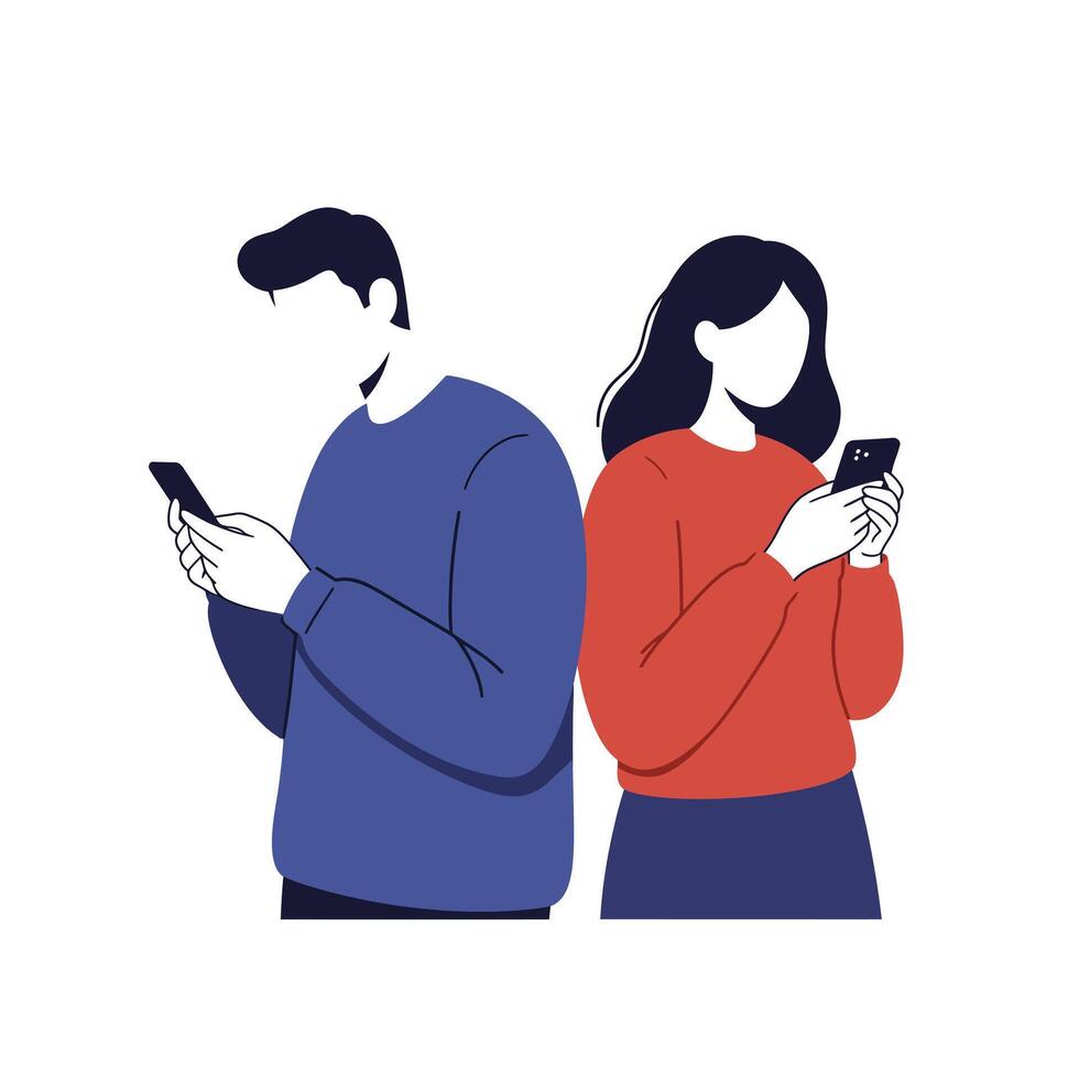 Two people using smartphones in minimal flat design illustration vector