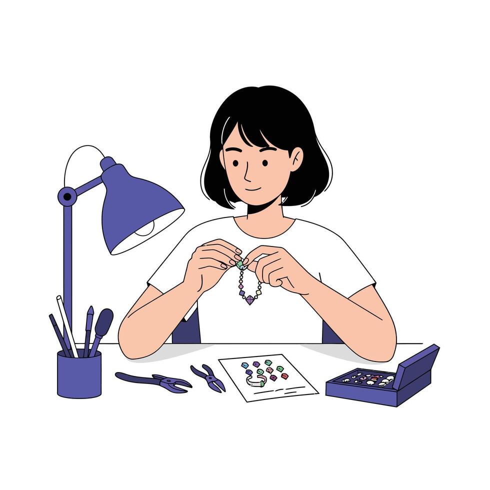 Woman creating jewelry with beads in minimal flat illustration vector