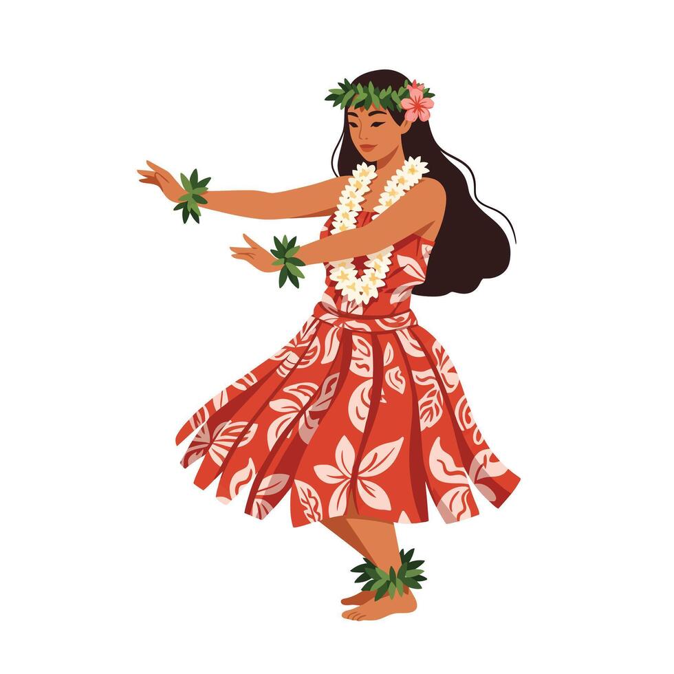 Hula dancer in vibrant floral dress performing dance in flat art vector