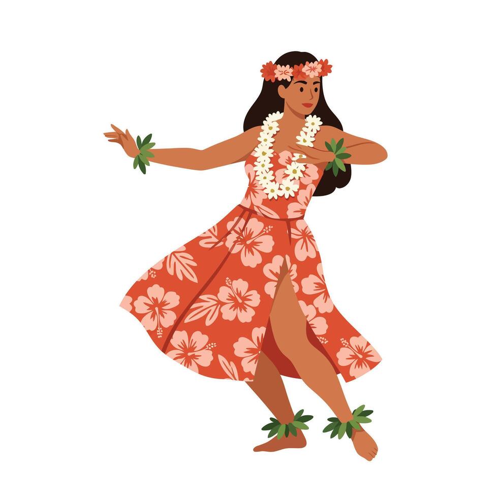 Hawaiian dancer performing traditional hula in vibrant floral attire flat illustration vector