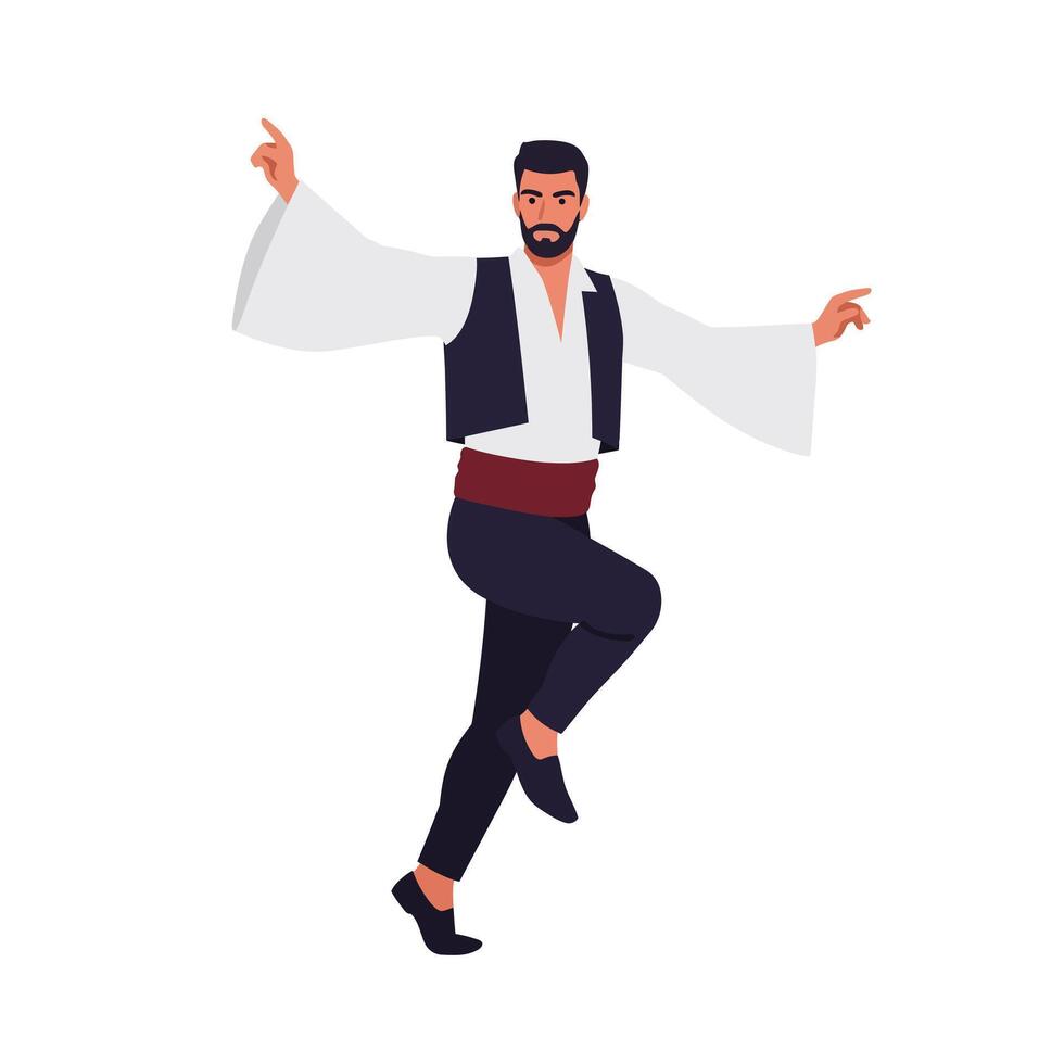 Man in traditional attire performing a dance in flat art vector