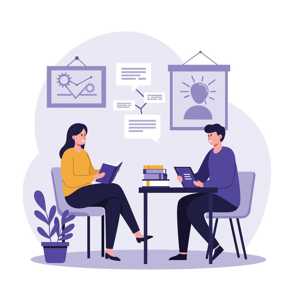 Two people engaged in discussion with digital devices in flat illustration vector