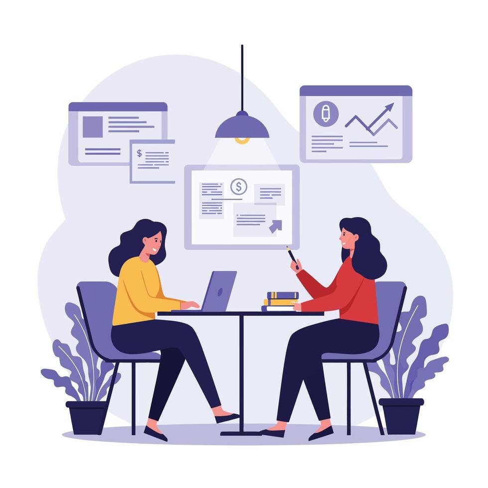 Two women collaborating at a table with digital devices in flat art vector