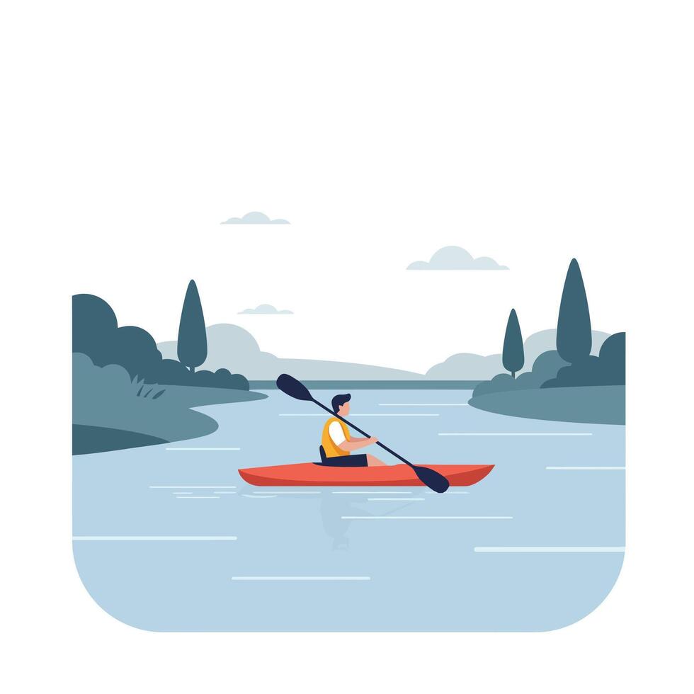 Kayaking on a serene river in flat style art vector