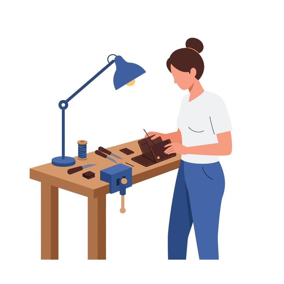 Woman working on leather crafting at a table with tools in flat art vector