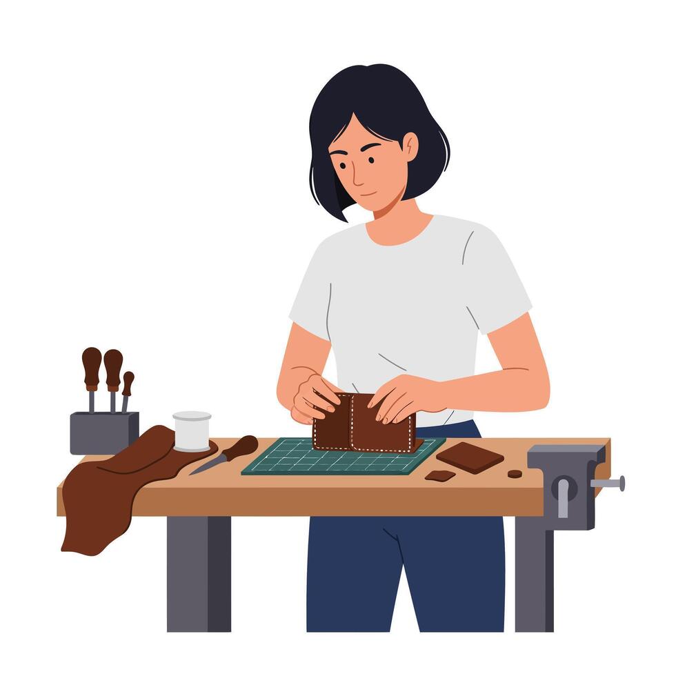 Woman working on leather crafting project in minimal art style vector