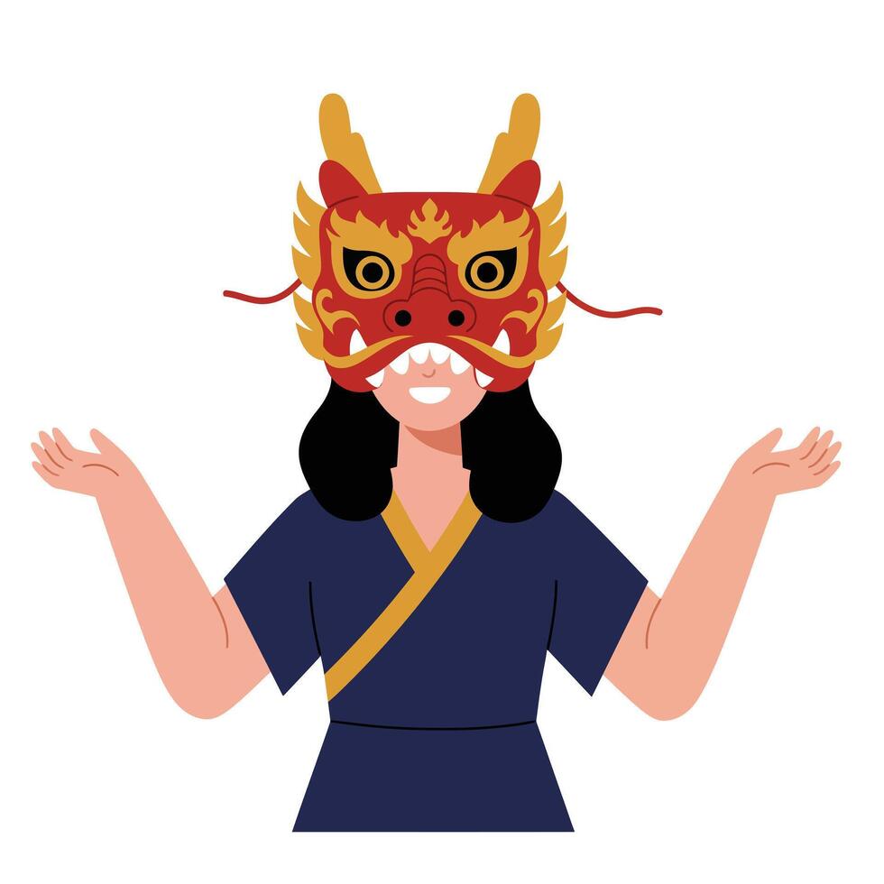 Person wearing colorful dragon mask in flat style art vector