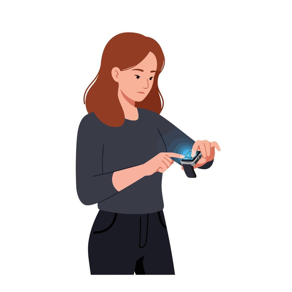 Woman interacting with smartwatch in flat minimal illustration vector