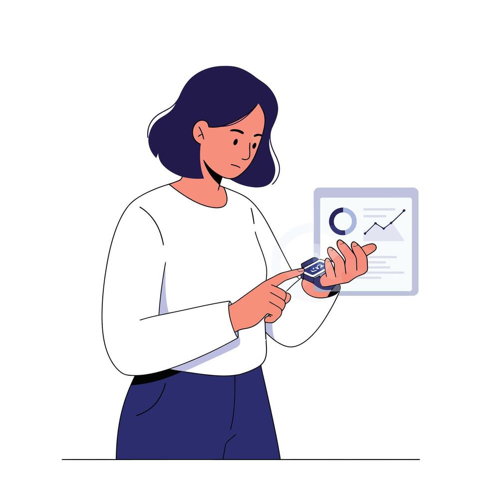 Person using smartwatch to analyze data in flat illustration vector
