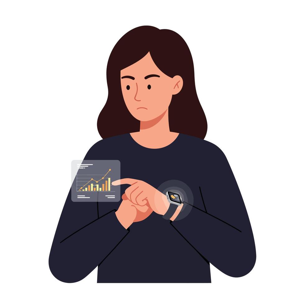 Person interacting with smartwatch displaying data in flat illustration vector