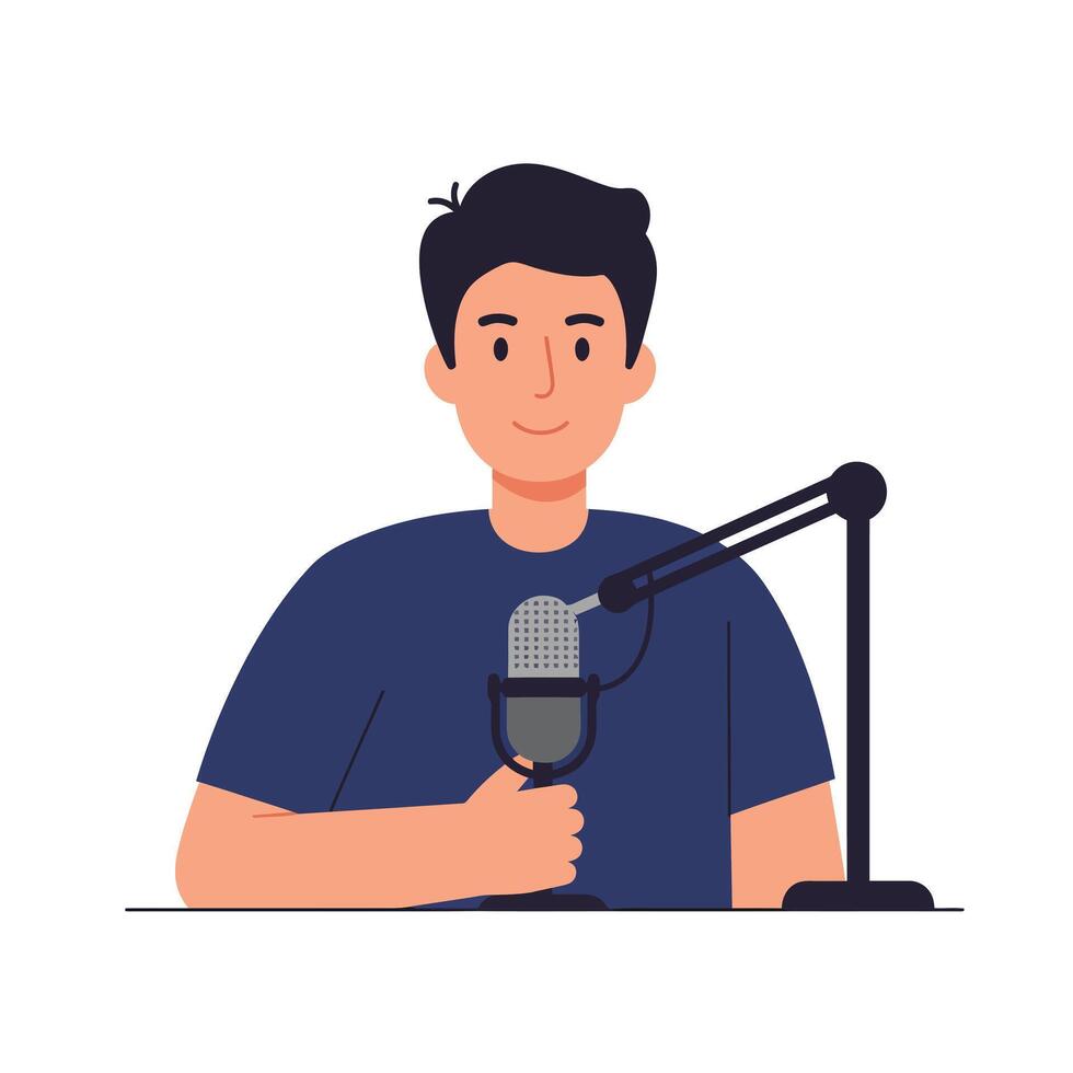 Young man speaking into microphone in flat style illustration vector