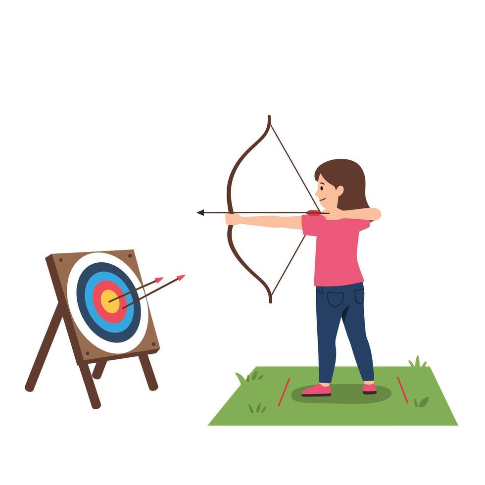 Young girl practicing archery with bow aiming at target in flat art vector
