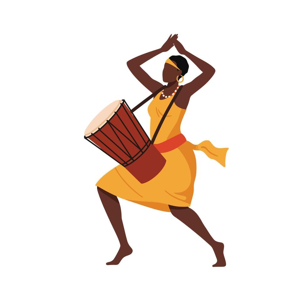 Dancer playing traditional drum in vibrant clothing flat art vector