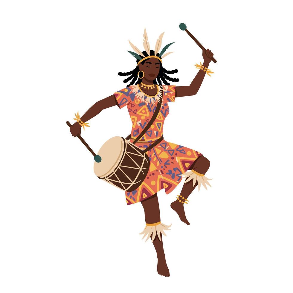 African woman dancing joyfully while playing a drum in flat art vector