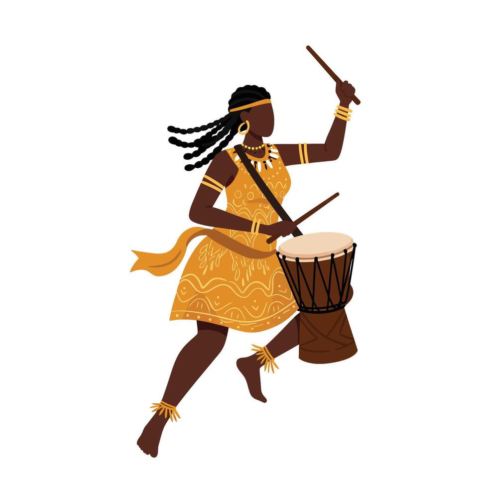 Drummer in traditional attire playing rhythmically with a drum flat illustration vector