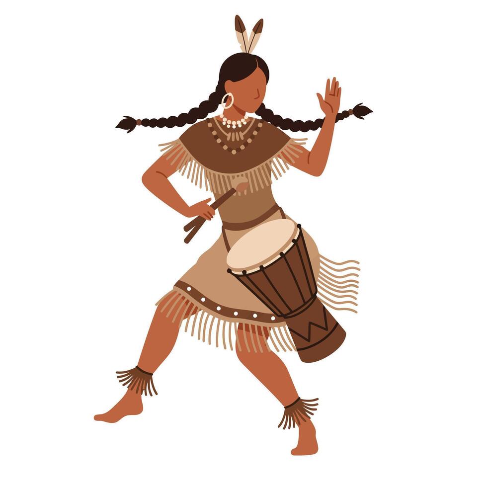 Native American woman playing drum in flat, minimal art vector