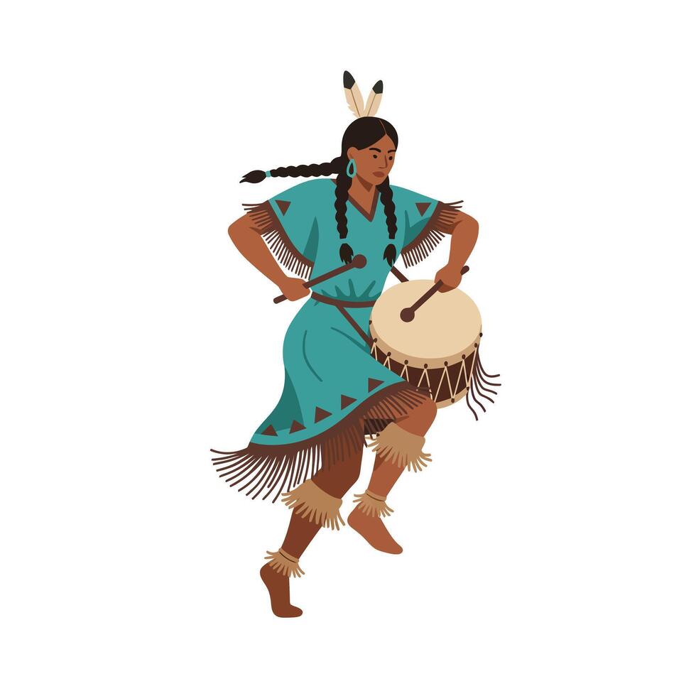 Native American woman playing drum in colorful attire flat art vector