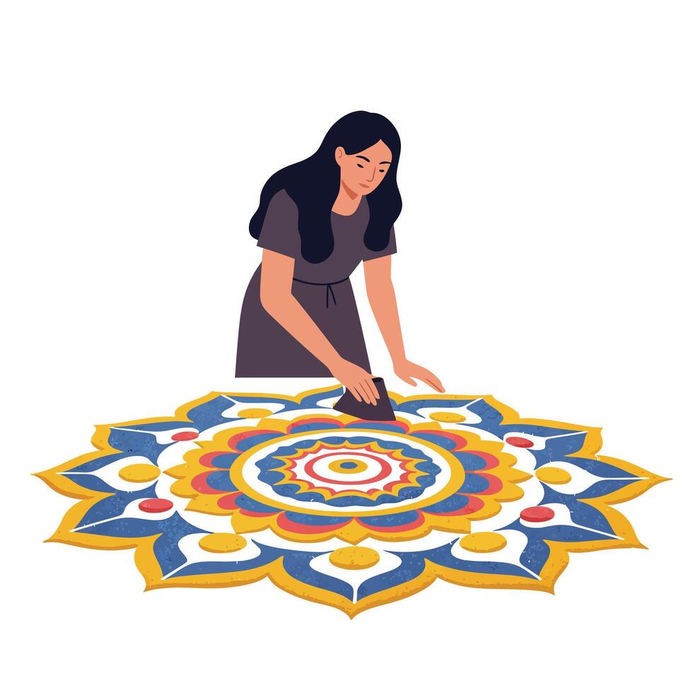 Woman creating intricate mandala design in flat style art vector