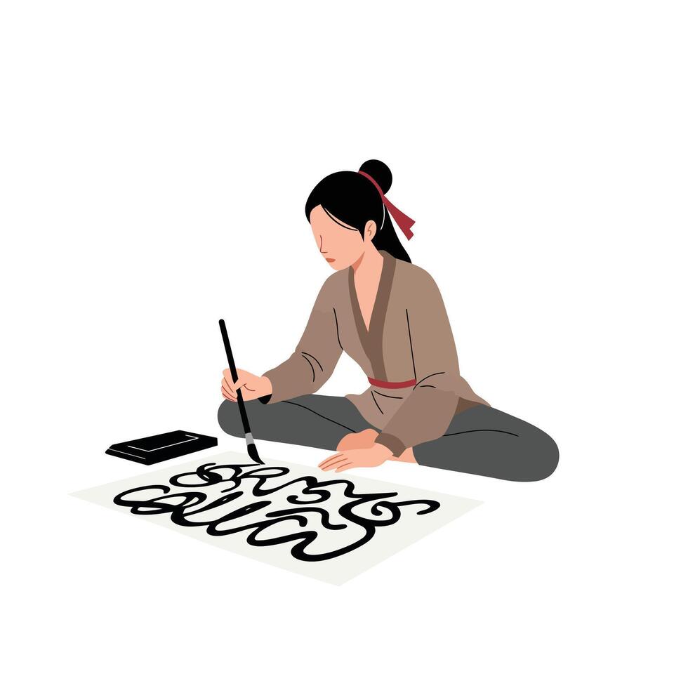 Person practicing calligraphy with brush in flat art style illustration vector