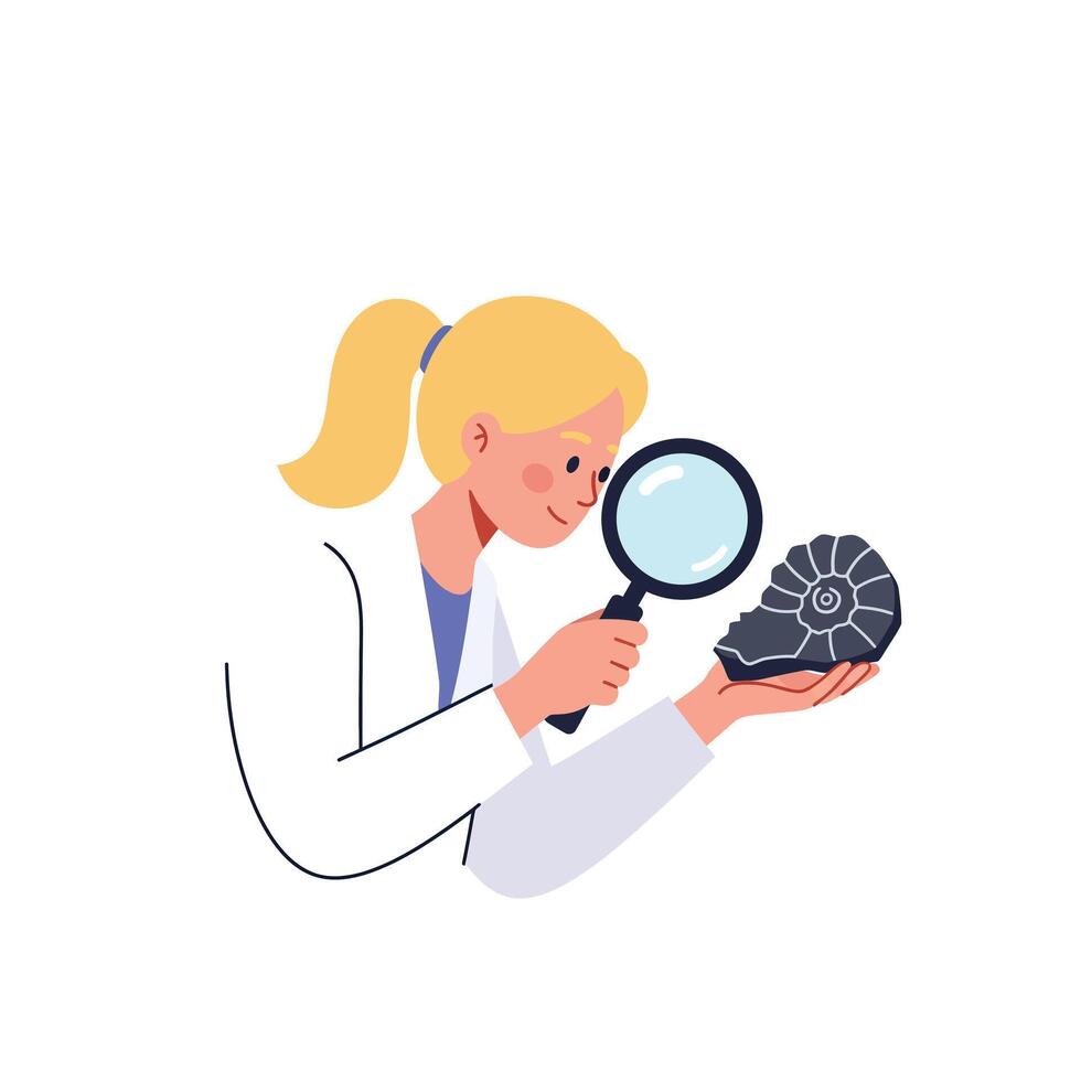 Scientist examining fossil with magnifying glass in minimal illustration vector