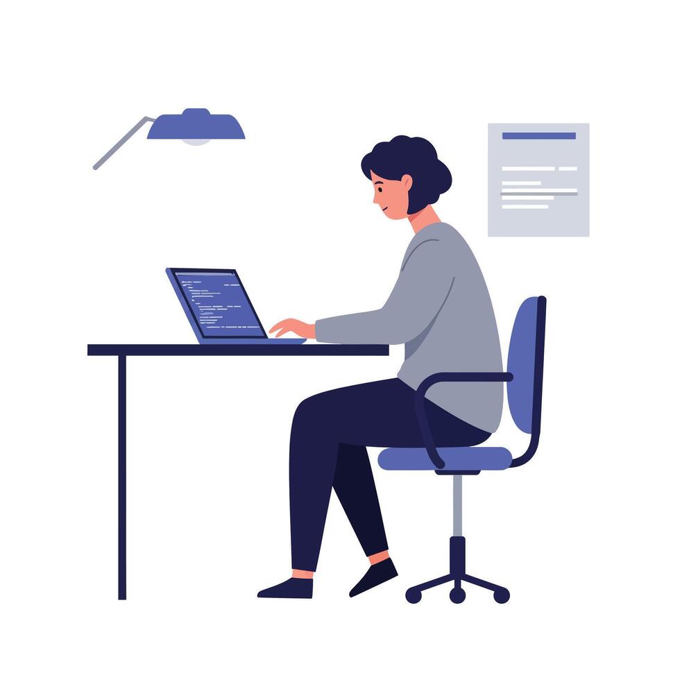Person working on laptop at desk with lamp in flat illustration vector