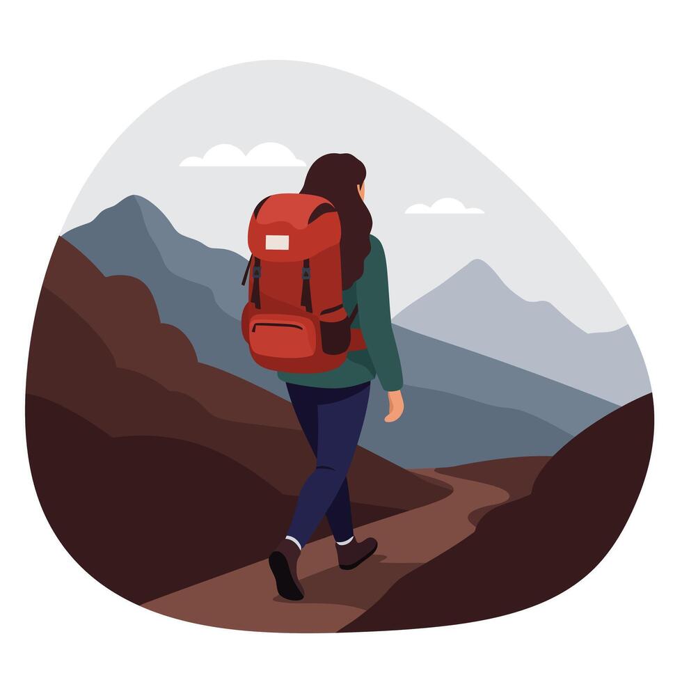 Hiker with Backpack Walking on Mountain Trail in Flat Illustration vector