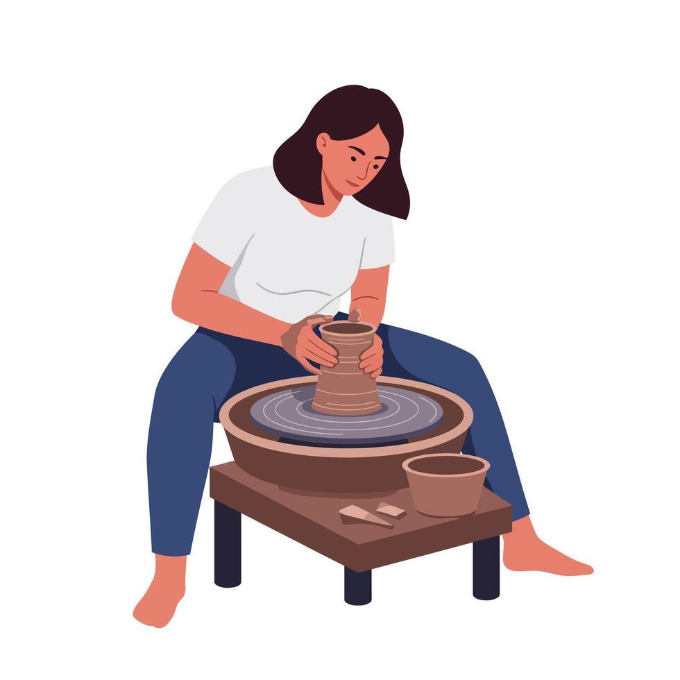 Woman shaping clay on pottery wheel in flat art style vector