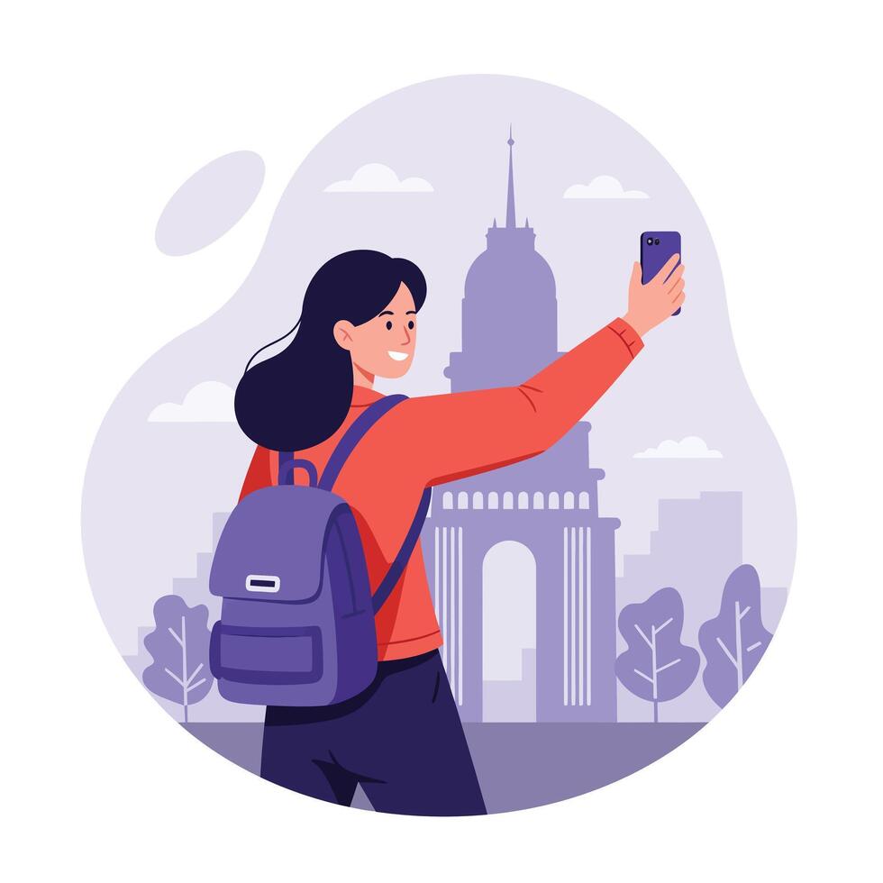 Woman taking a selfie with iconic landmark in flat illustration vector