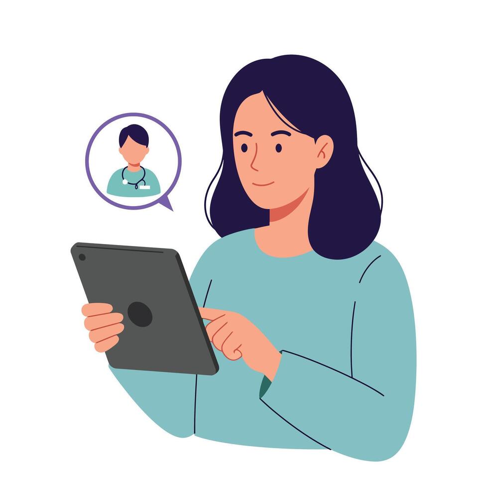 Woman interacting with tablet in flat design style illustration vector