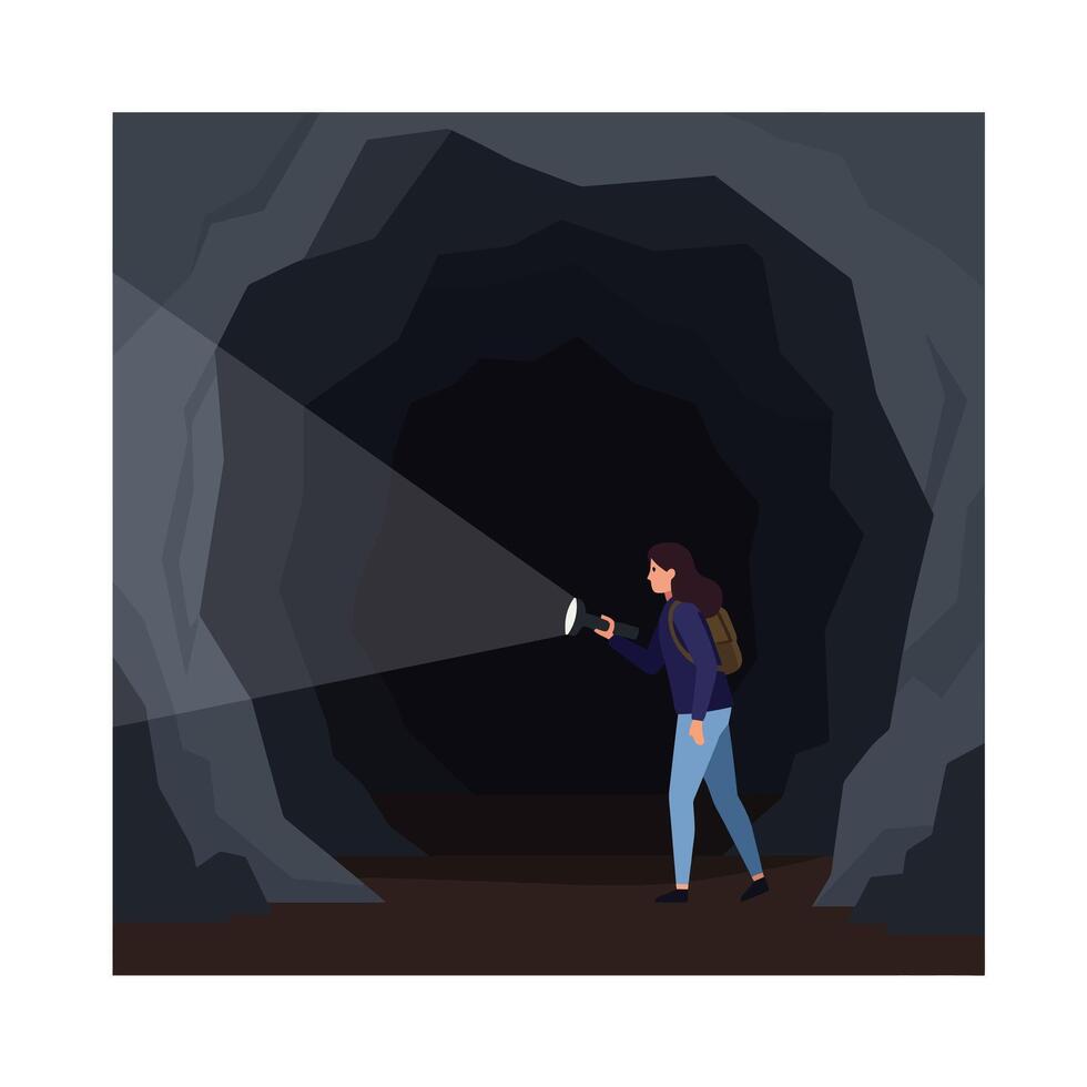 Woman exploring dark cave with flashlight in minimal illustration vector