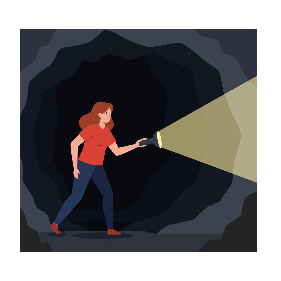 Woman exploring a dark cave with flashlight in flat art vector