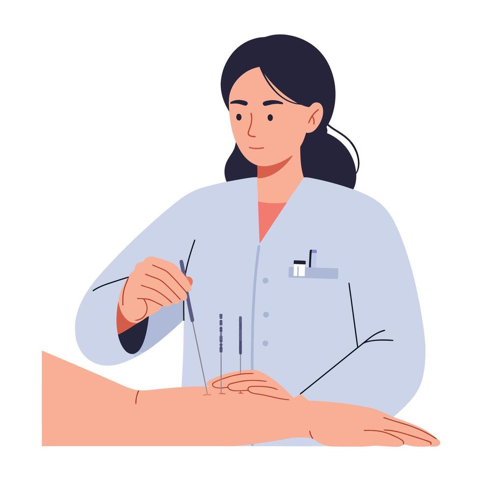 Acupuncture treatment session with practitioner applying needles in flat art vector