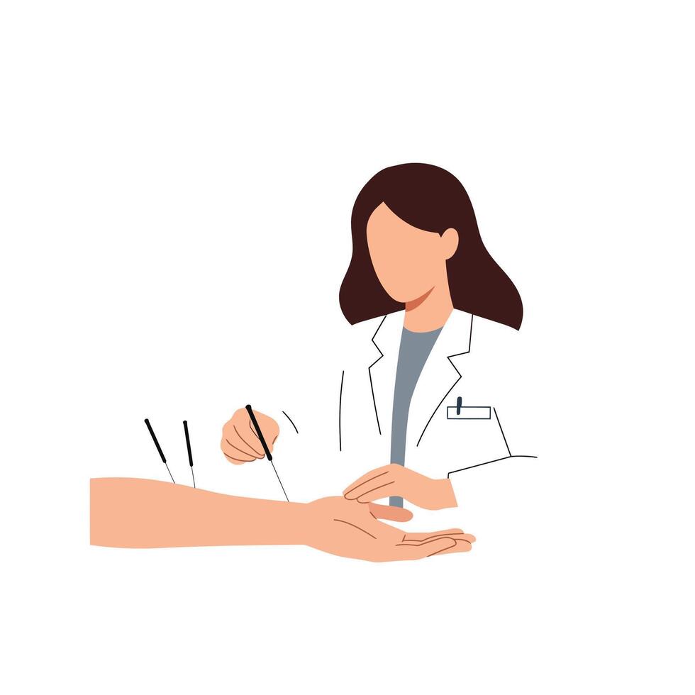 Medical professional performing acupuncture treatment with minimal design style illustration vector