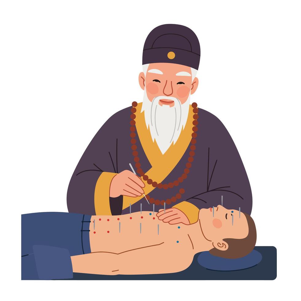 Traditional healer performing acupuncture treatment in minimal flat art vector