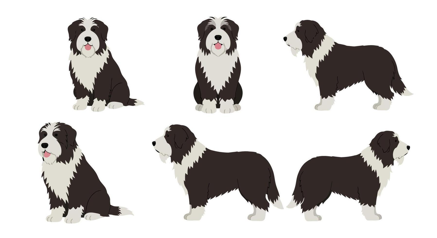 Detailed illustration of a playful dog character in various poses and angles in flat style art vector