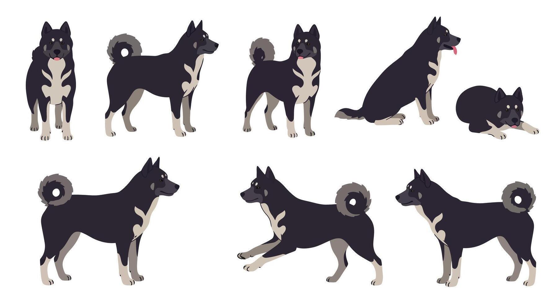 Detailed illustration of playful dogs in various poses and expressions in flat style art vector