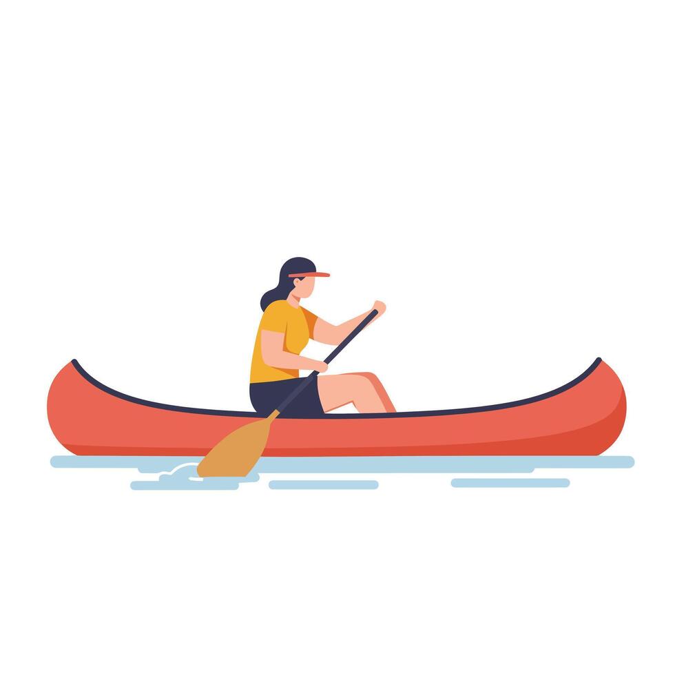 Woman paddling in red canoe on water in flat illustration vector