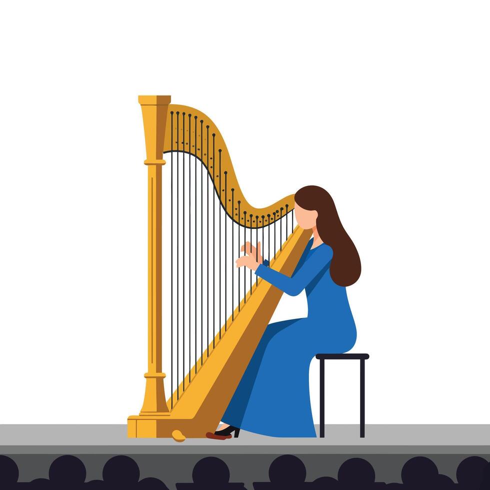 Woman playing a golden harp in a flat style illustration vector