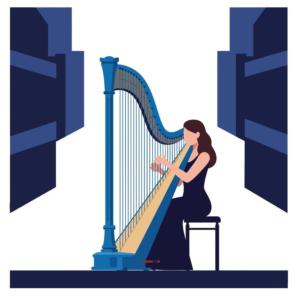Elegant woman playing harp in minimal flat design illustration vector