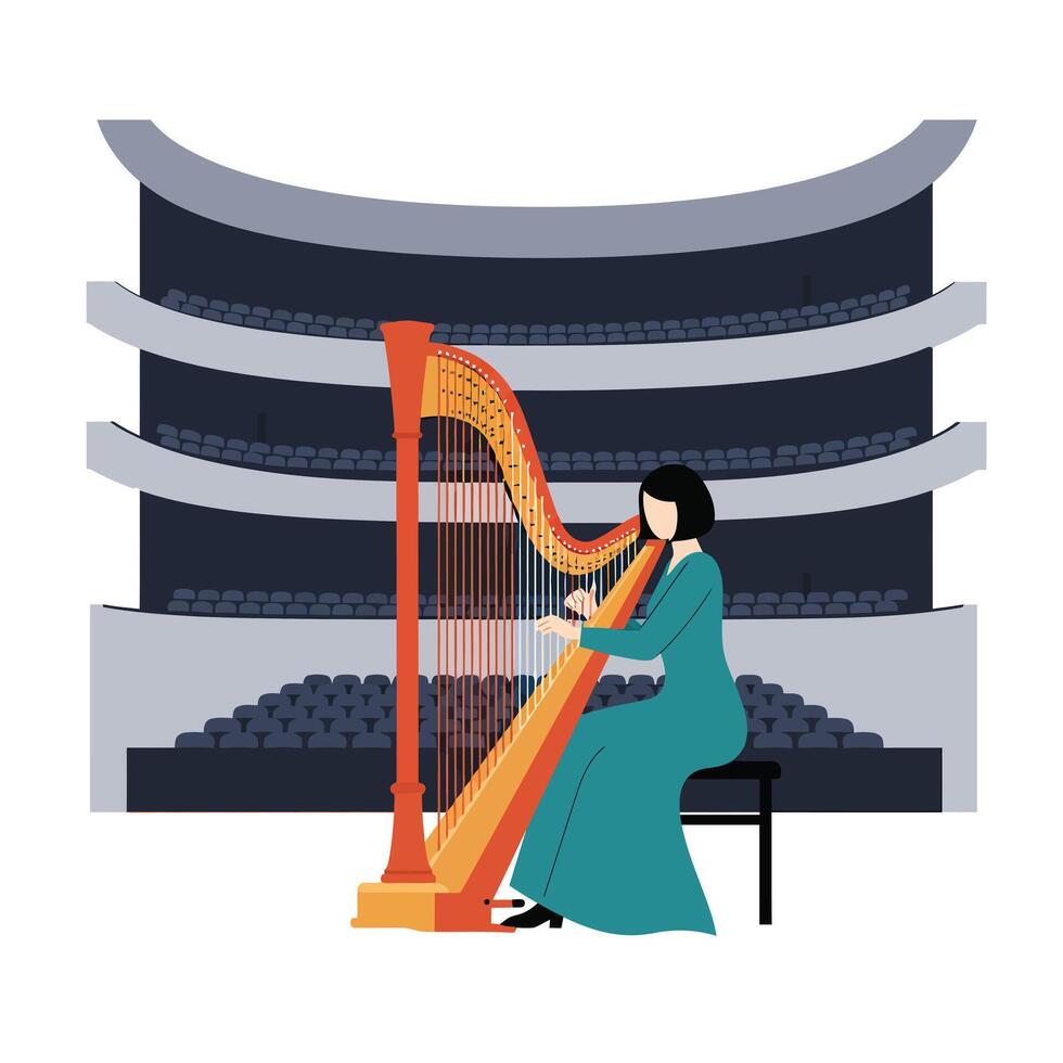 Musician playing harp in concert hall with minimal design art vector