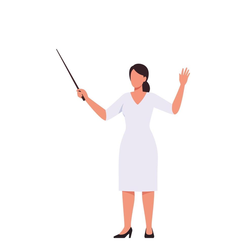 Woman presenting with a pointer in a white dress minimal art vector