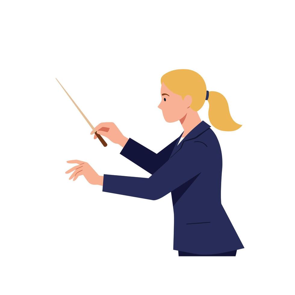 Woman conducting music with a baton in a flat minimal illustration vector