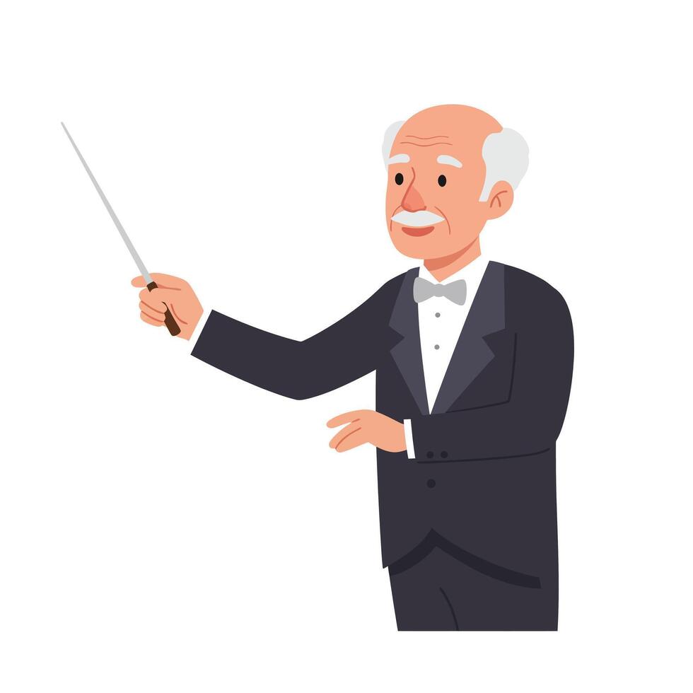 Conductor leading orchestra with baton in flat style art vector