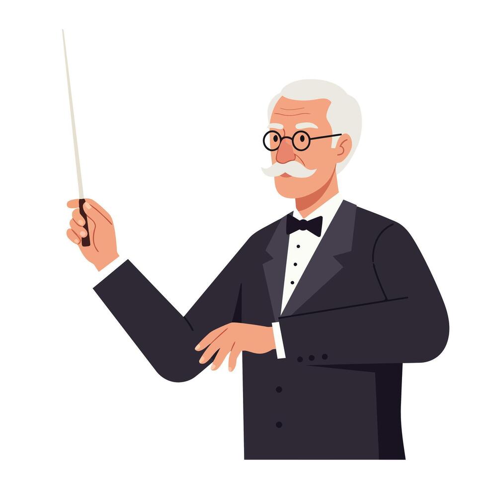 Conductor leading orchestra in classic attire with minimal style art vector