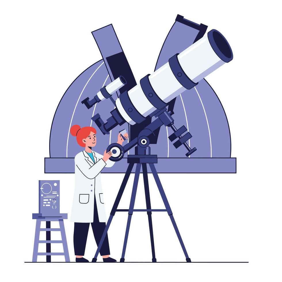 Astronomer adjusting telescope in minimal flat design illustration vector