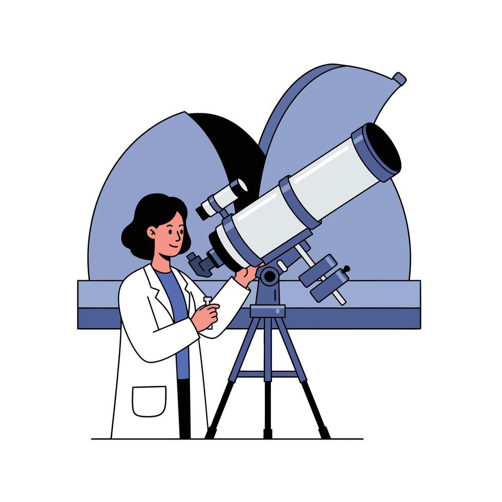 Scientist observing through telescope in detailed flat illustration vector